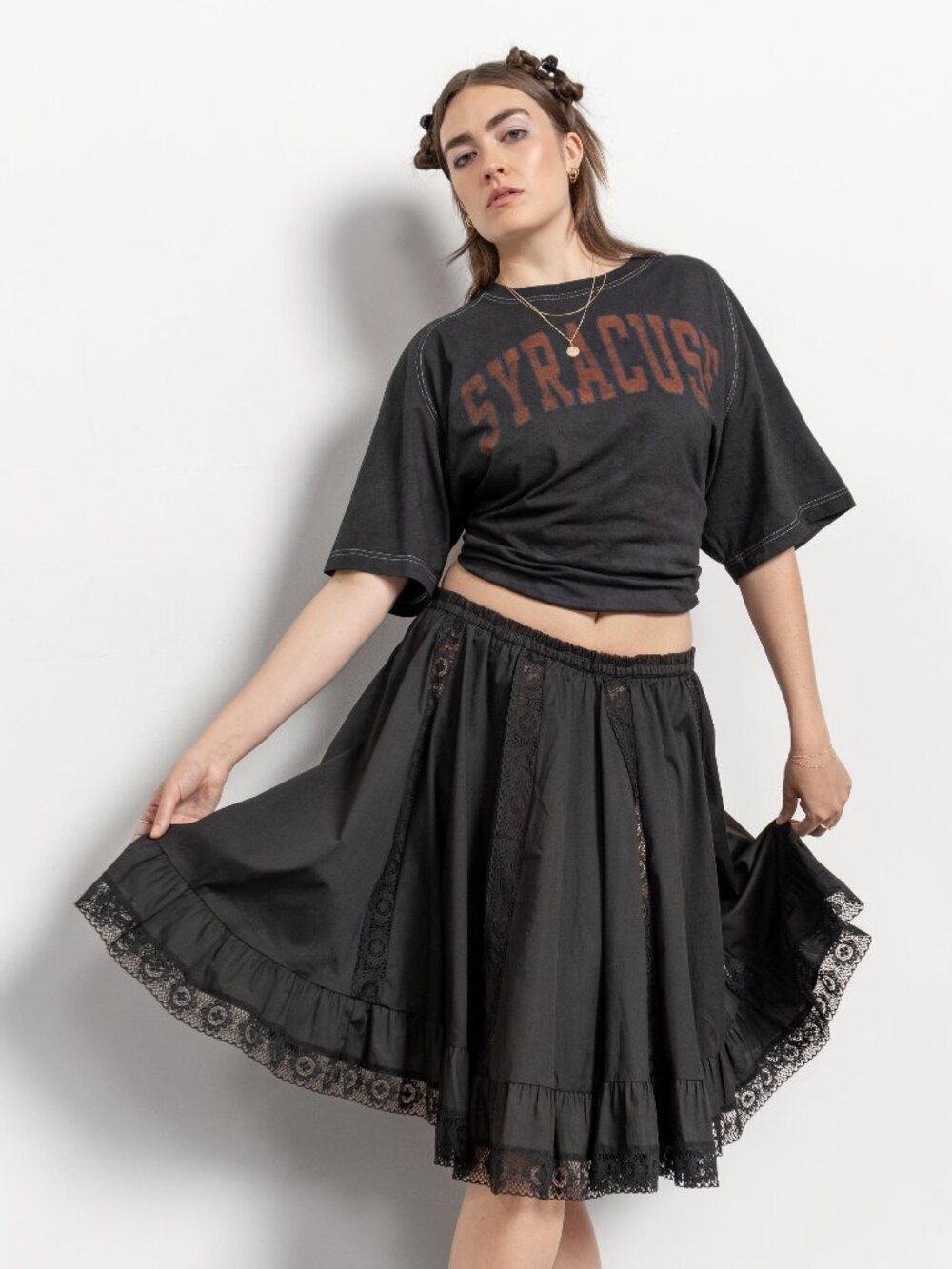 BLACK LACE SKIRT Square Dance Ruffled Full Swing Vintage Prairie Country Peasant